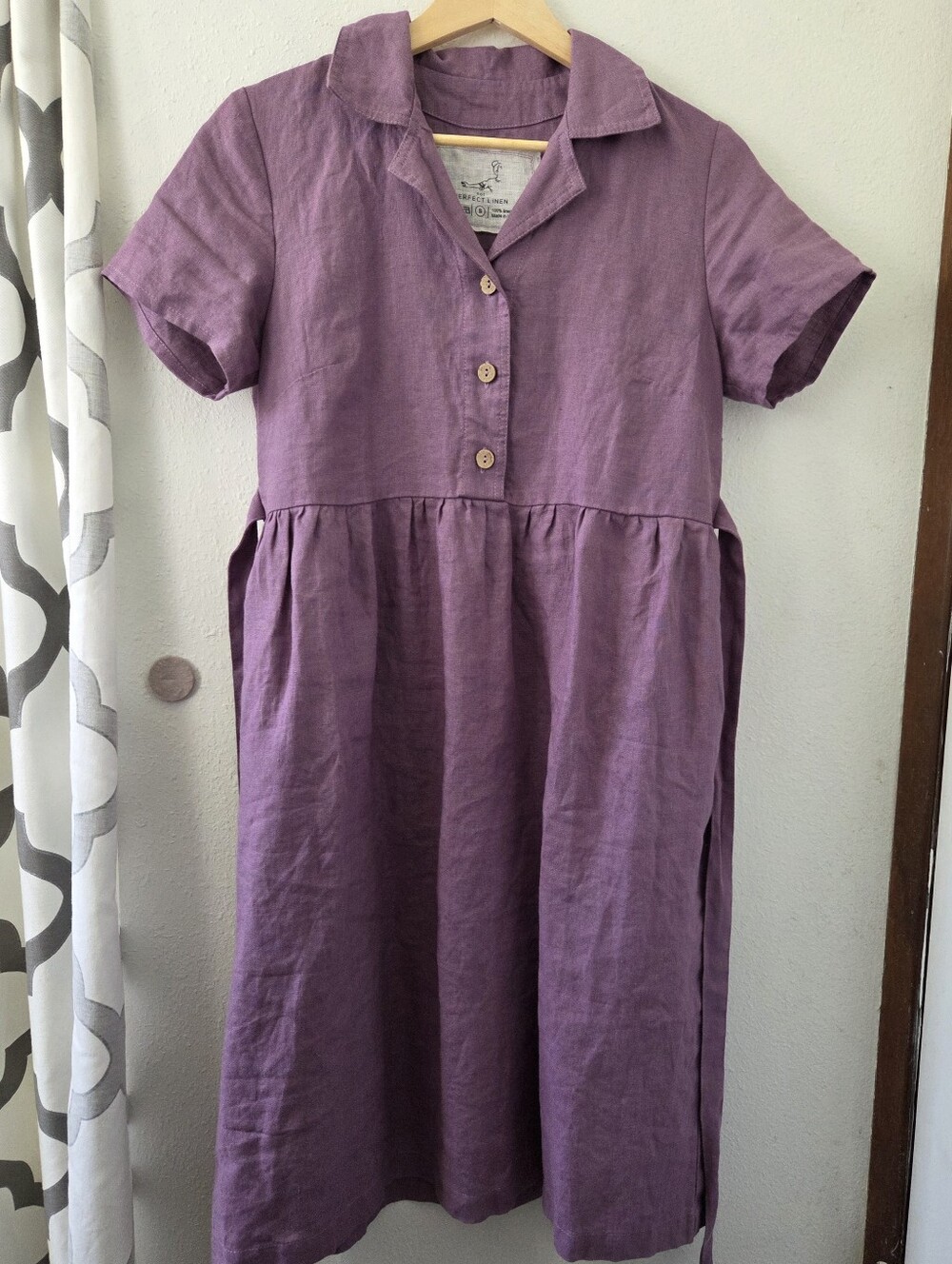 NEW Notperfectlinen 100% Linen Button Dusty Lavender Symi Collar Dress Small
